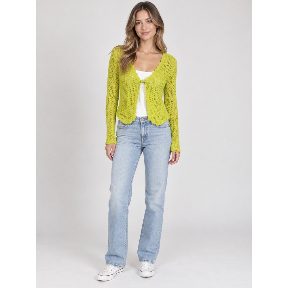 Primark Crochet Cardigan Womens Small Lime Green Y2K Boho Tie Front Open Knit